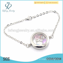 Corrente de ligação de aço inoxidável barato com locket de charme flutuante sem cristal, pulseira lisa